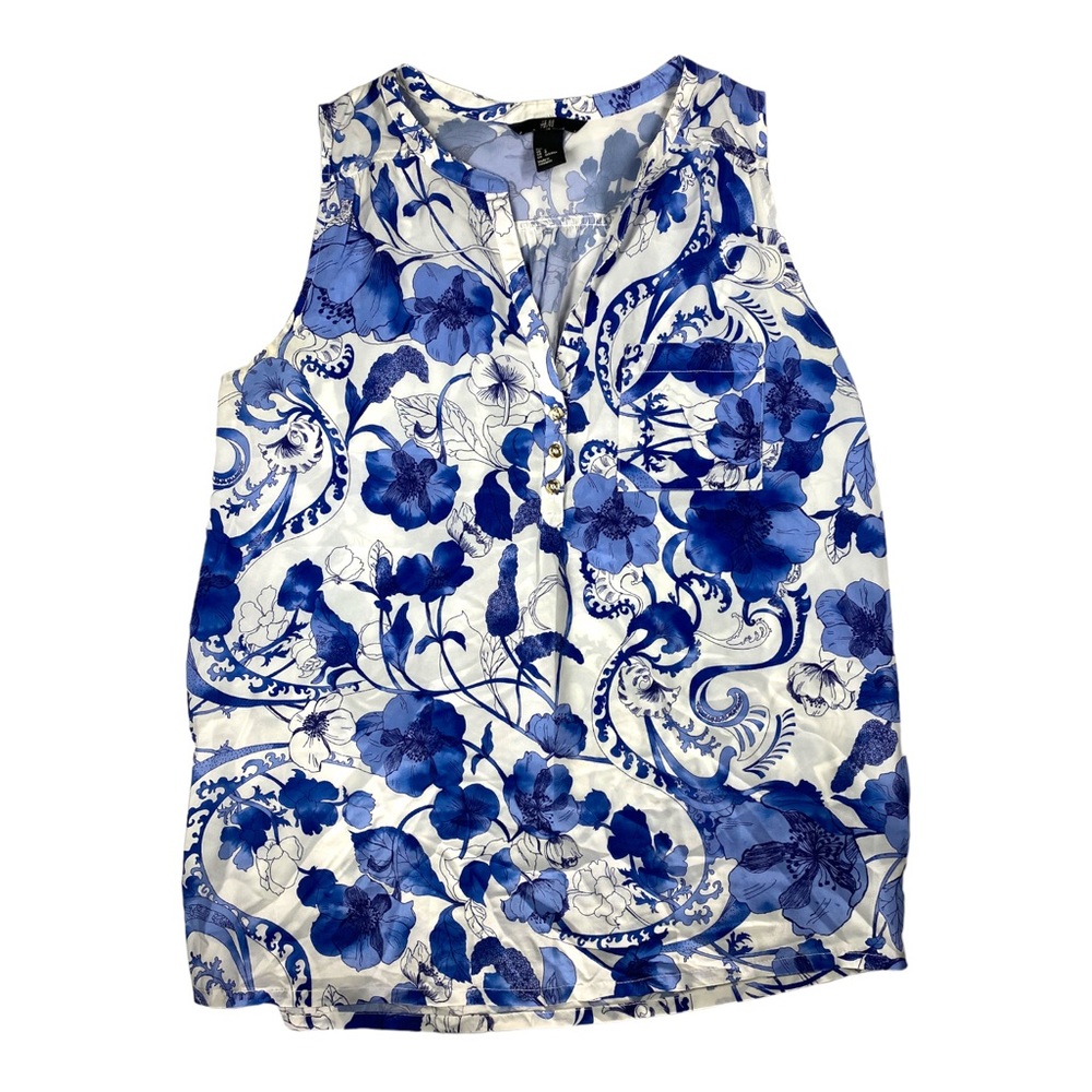 H&M  Women Sleeveless Blouse Top Shirt US Size 8 Blue Floral